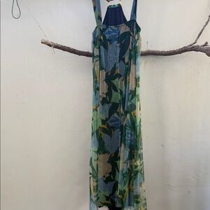 Sleeveless Blue-Green Leaf Print Maxi Dress
